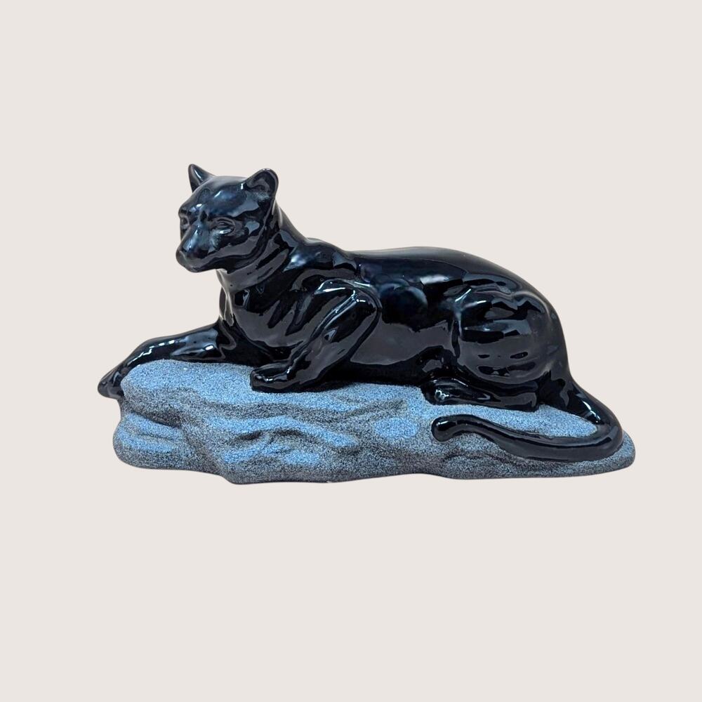 1990s Sue B Signed Ceramic Black Panther Figurine Reclining Statue